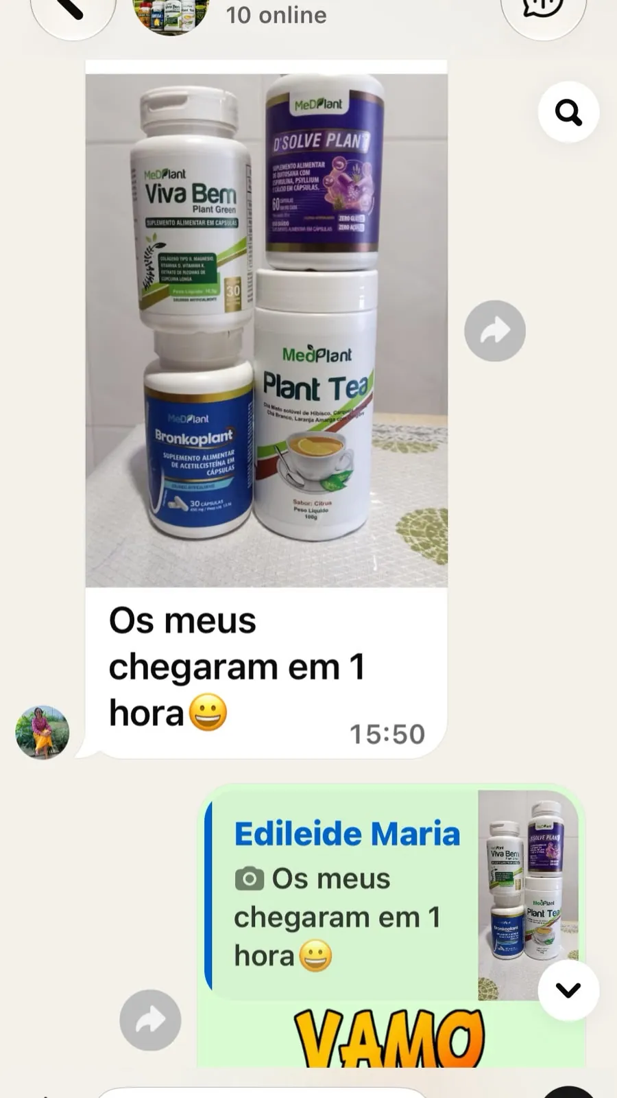 Mensagem no WhatsApp: os produtos chegaram em 1 hora